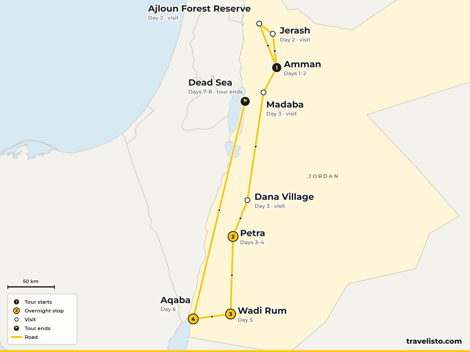 Map of the 8-day family route from Amman to Madaba, Petra, Wadi Rum, Aqaba and the Dead Sea