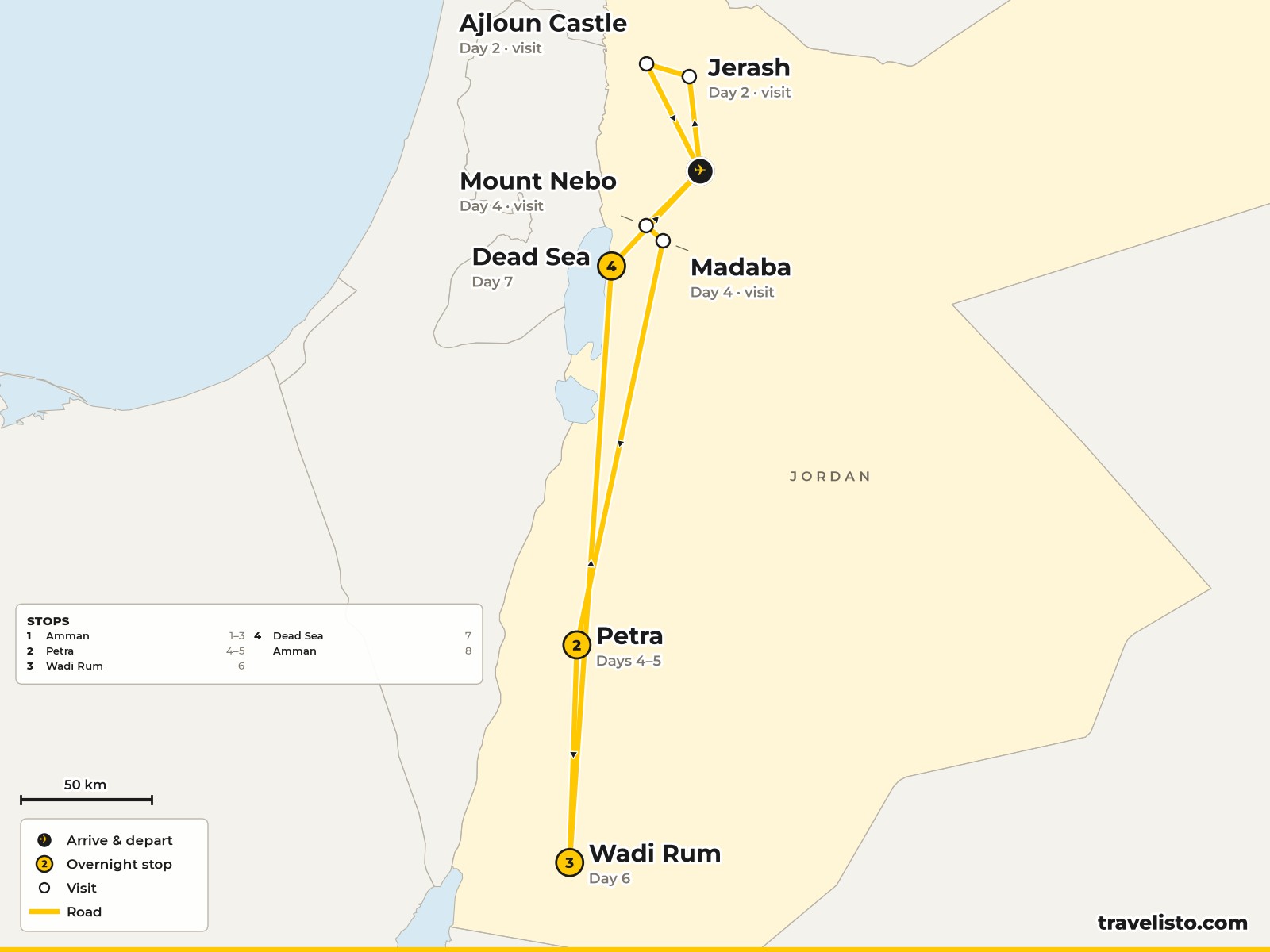 Map of the 8-day tour from Amman to Jerash, Mount Nebo, Petra, Wadi Rum and the Dead Sea