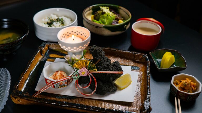 An artfully presented kaiseki dinner