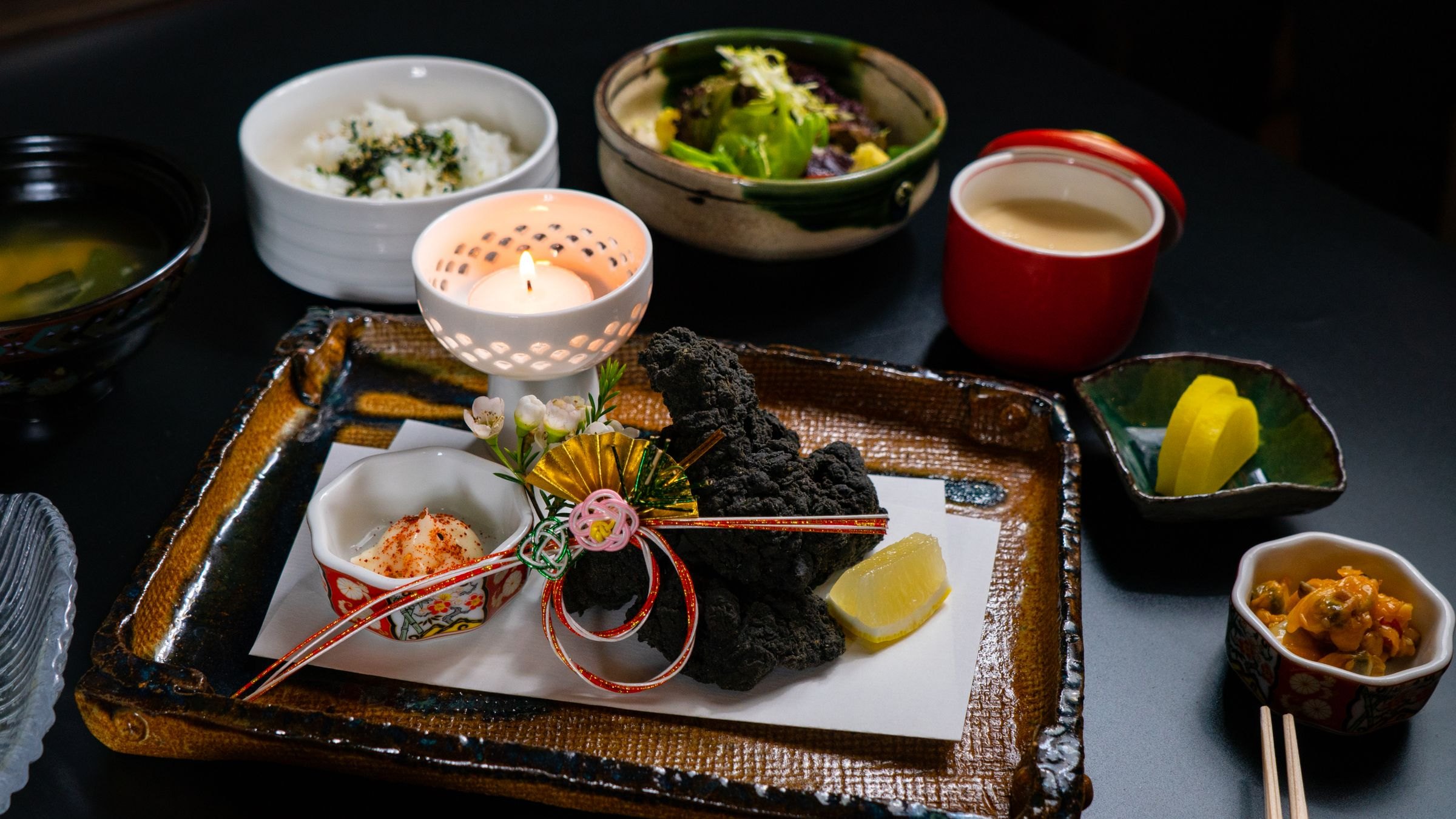 An artfully presented kaiseki dinner