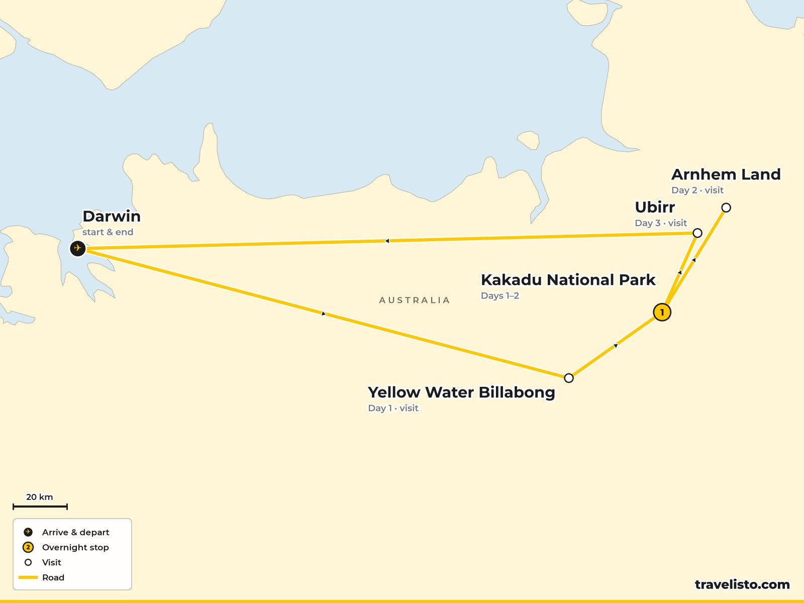Map of the 3-day route from Darwin to Kakadu National Park, Western Arnhem Land and Ubirr