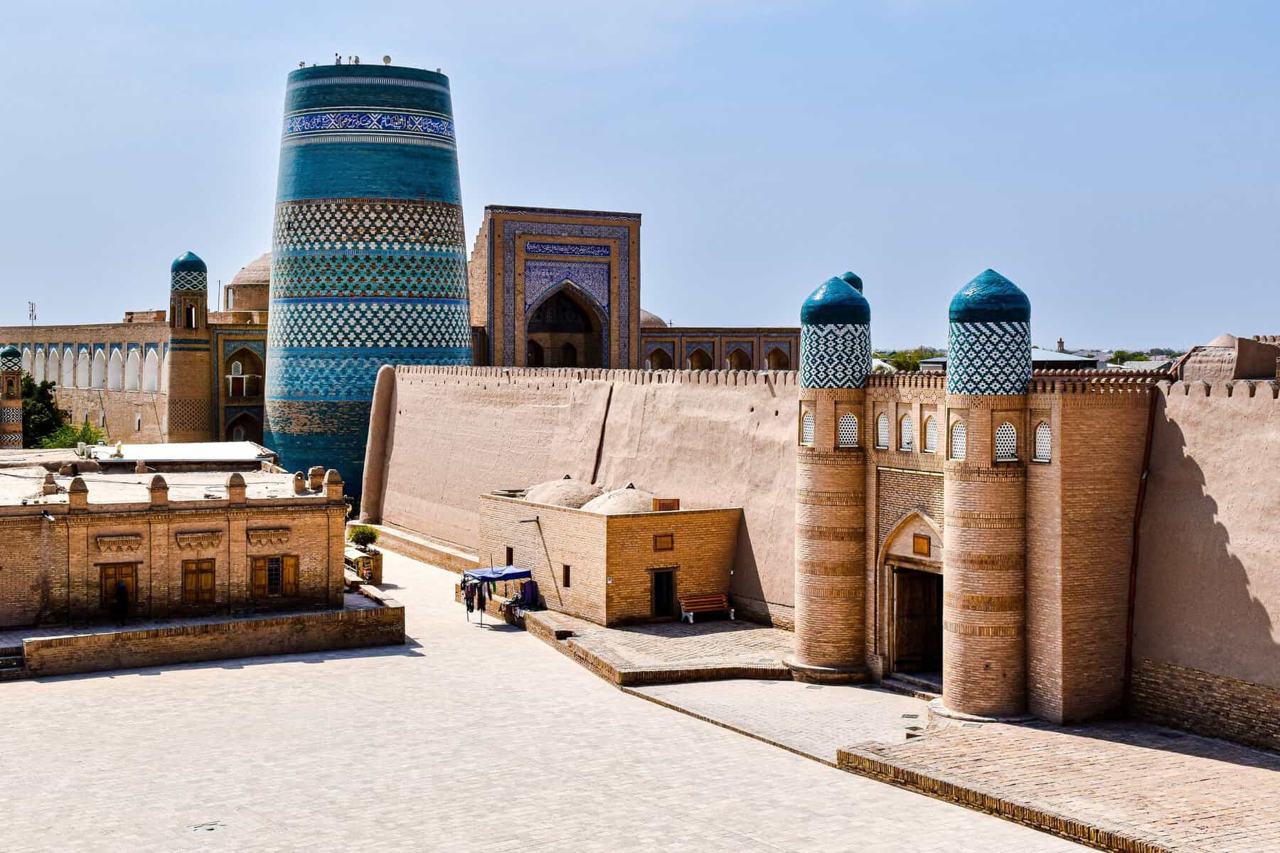 The blue-tiled Kalta Minor minaret in Khiva