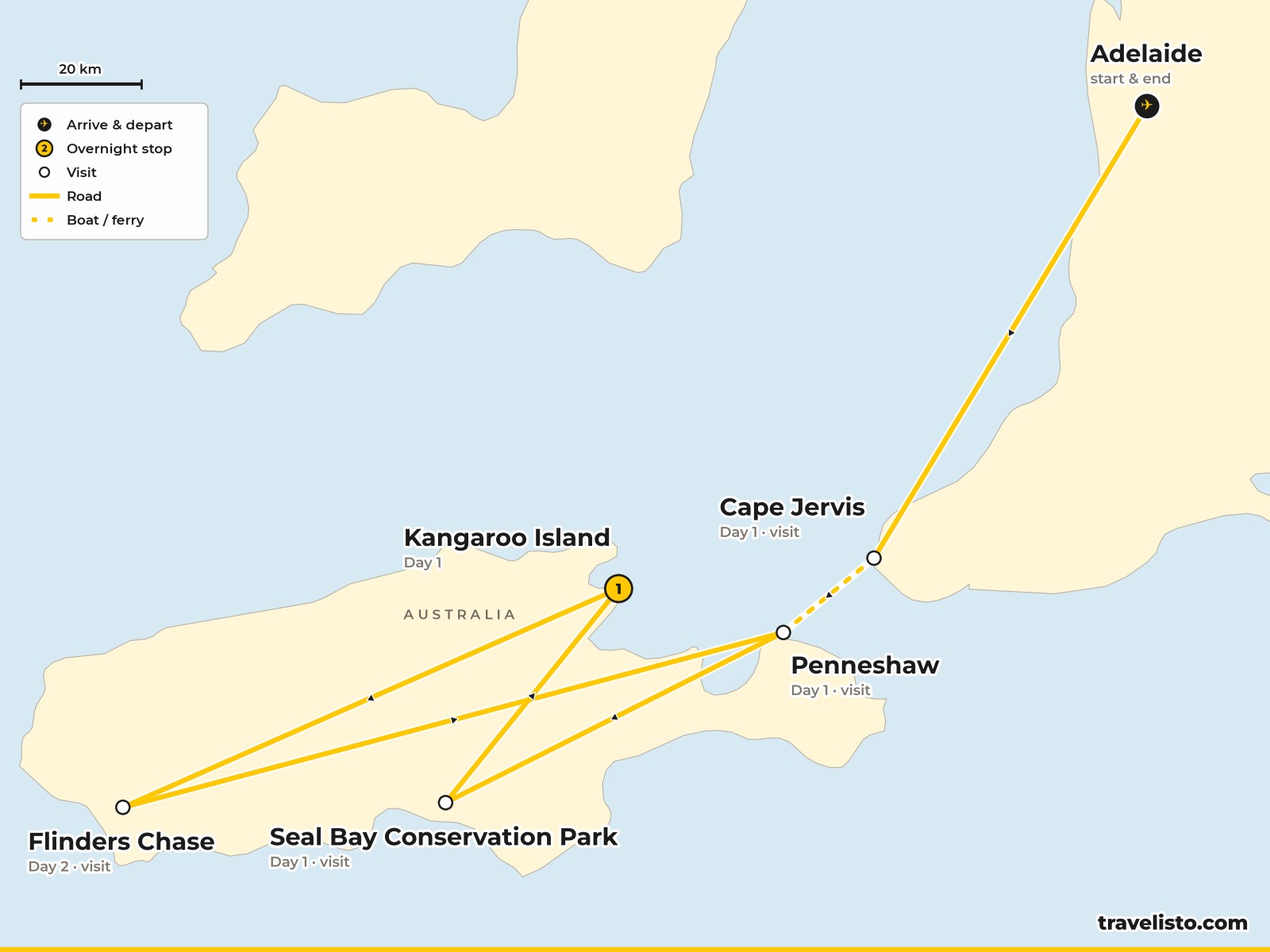 Map of the 2-day trip from Adelaide to Kangaroo Island