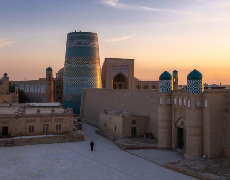The walled old town of Khiva at sunset, Uzbekistan