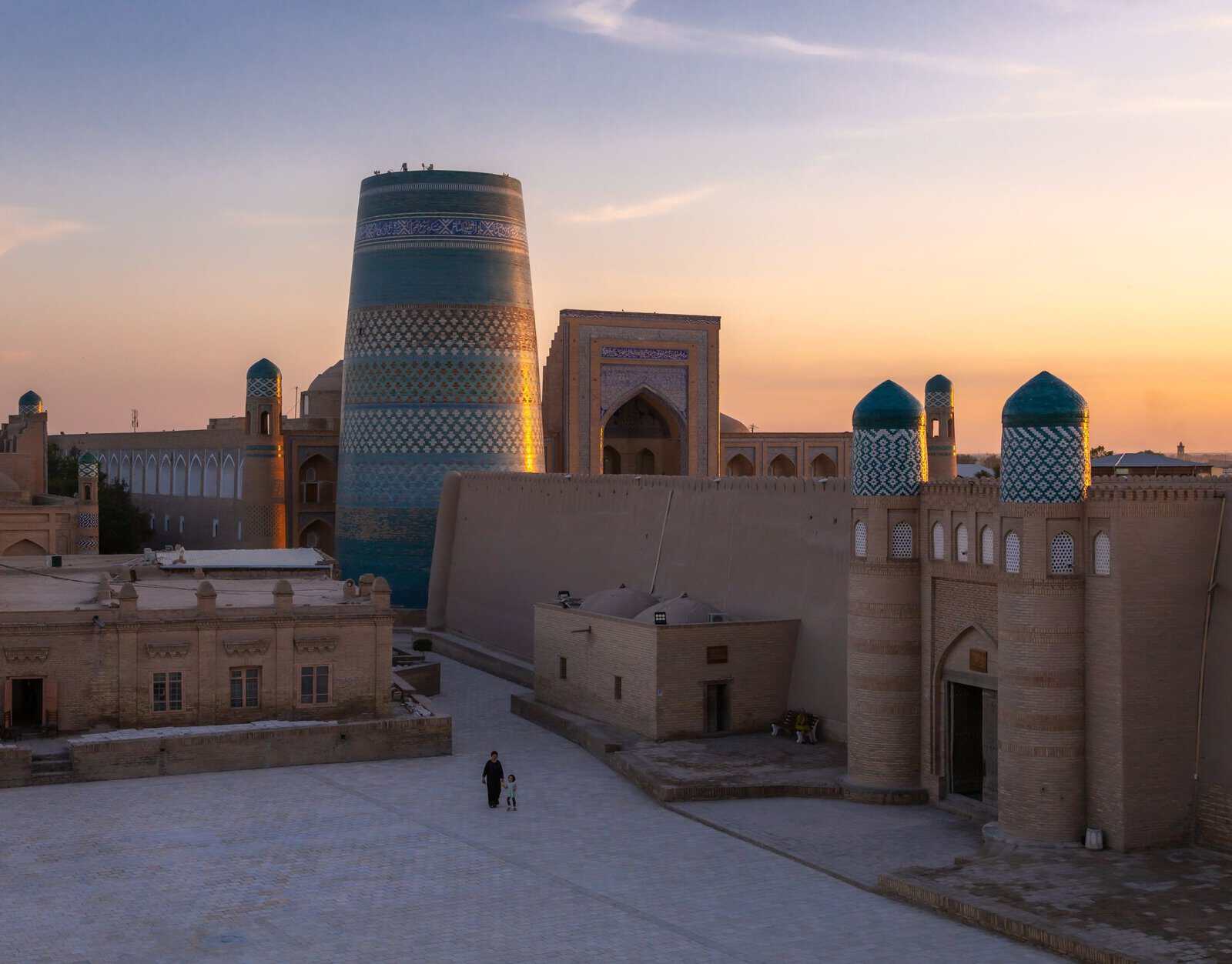 The walled old town of Khiva at sunset, Uzbekistan