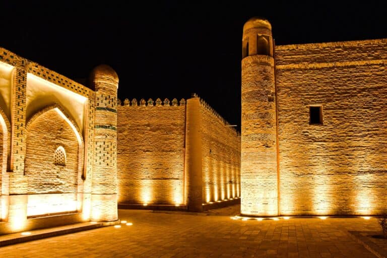 The walls of Khiva lit up at night