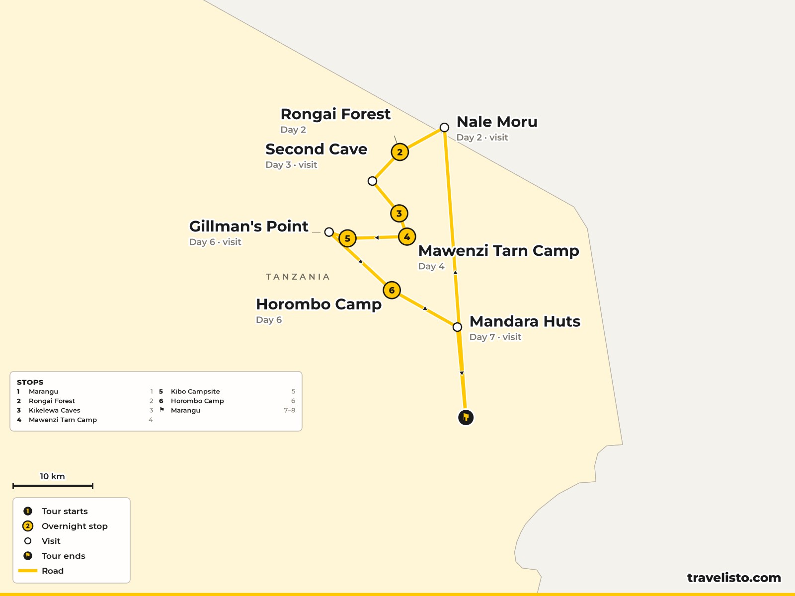Map of the 8-day Rongai Route up Kilimanjaro from Marangu