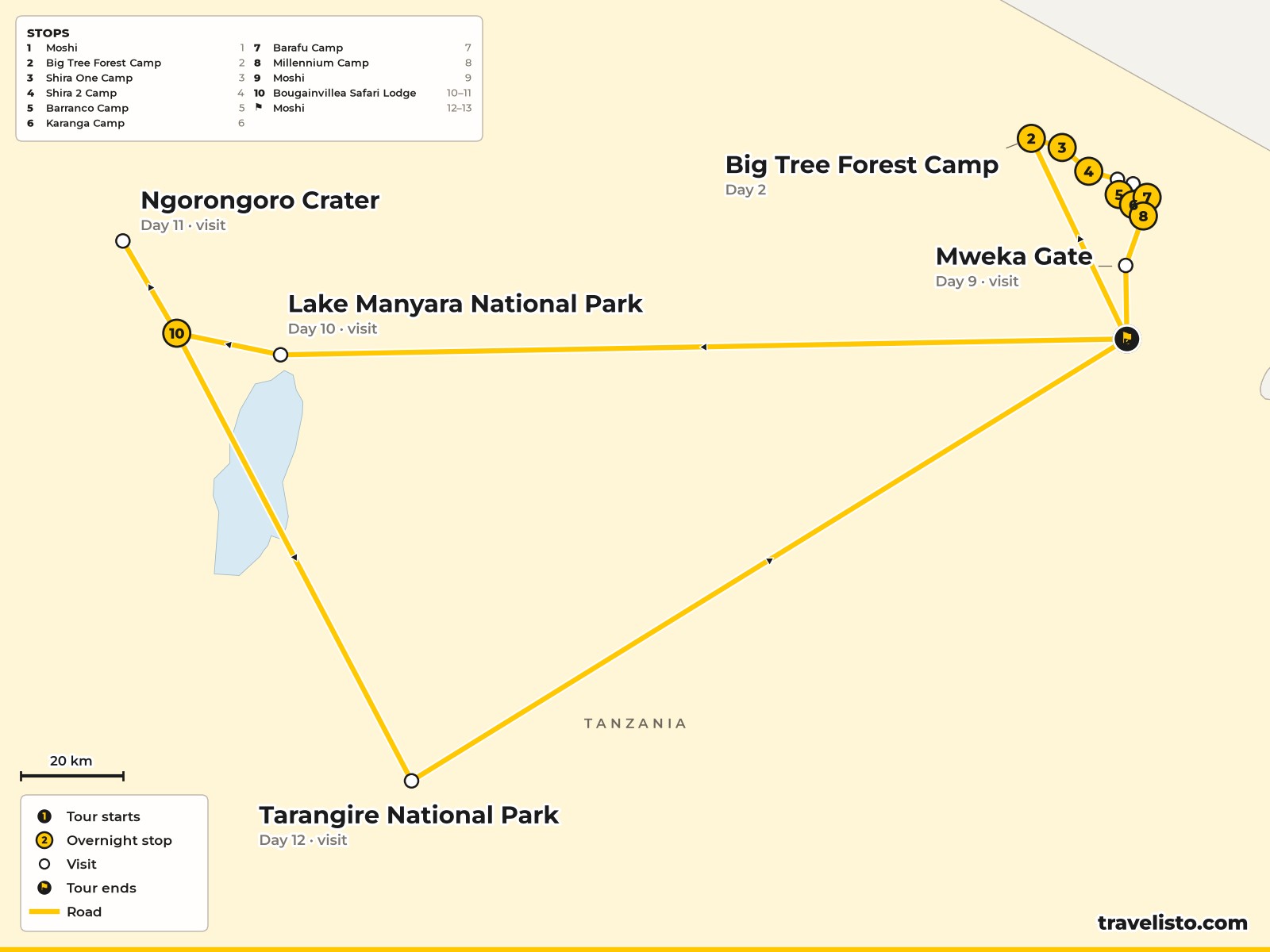 Map of the 13-day Kilimanjaro climb and safari from Moshi to Ngorongoro and Tarangire