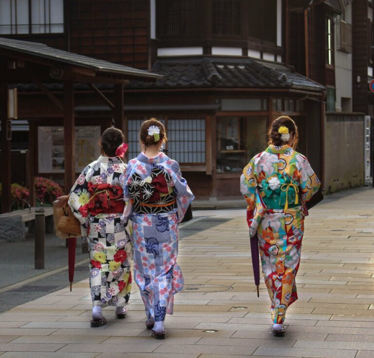 Women in kimonos on a traditional street