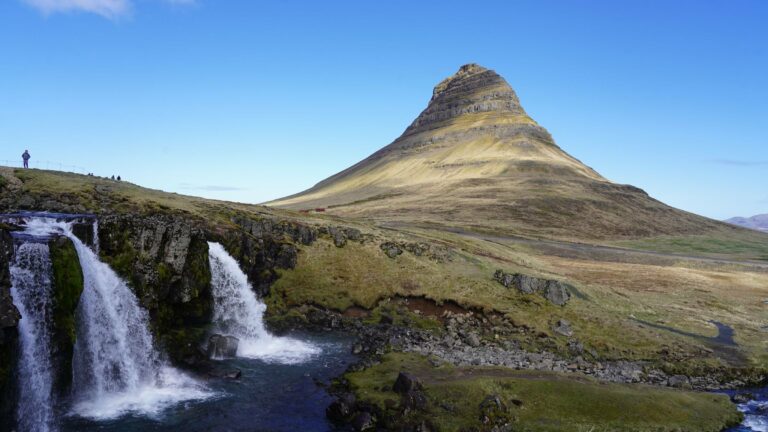 Kirkjufell mountain above its waterfalls on the Snæfellsnes Peninsula