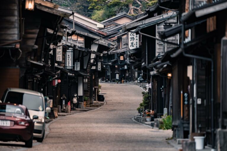 A street lined with wooden buildings in the Kiso Valley