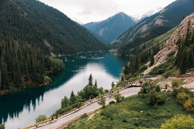 Kolsai Lake among pine forests in Kazakhstan