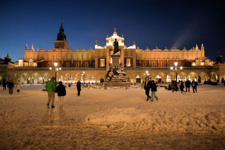 Kraków's Cloth Hall lit up at night