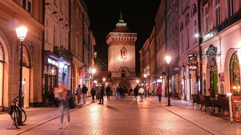 Floriańska Street and St Florian's Gate in Kraków in the evening