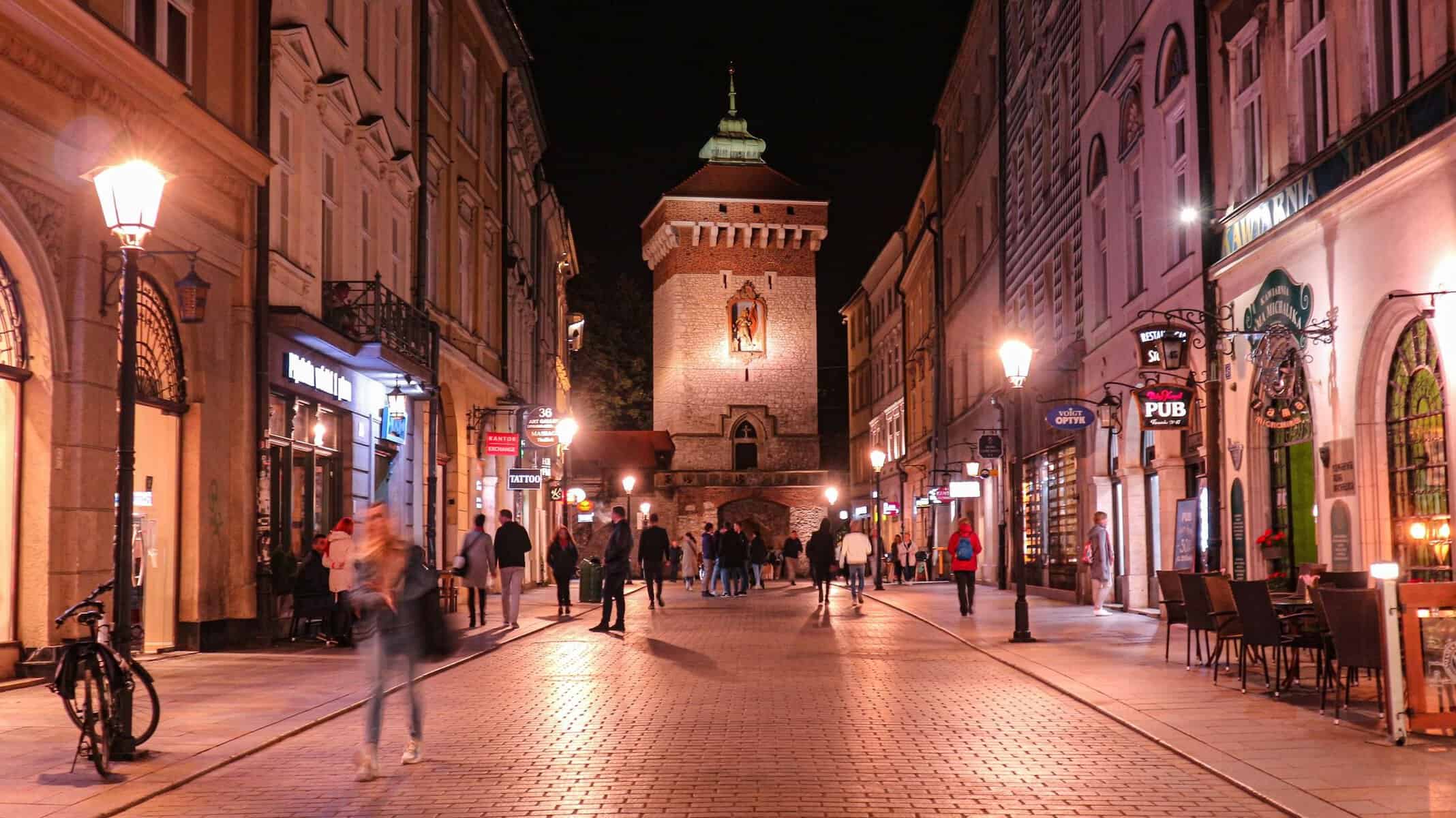 Floriańska Street and St Florian's Gate in Kraków in the evening