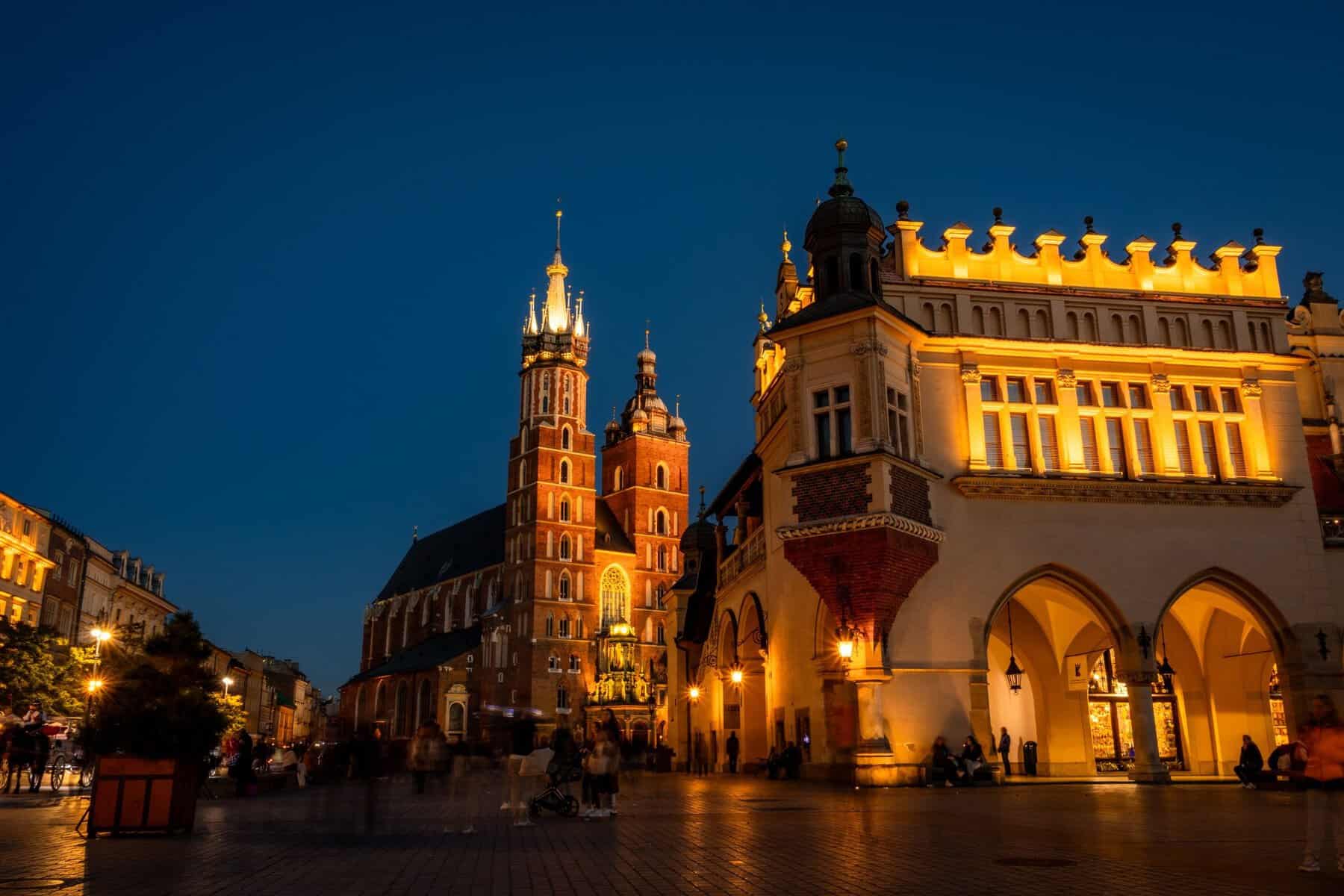 St Mary's Basilica and the Cloth Hall at night, Kraków