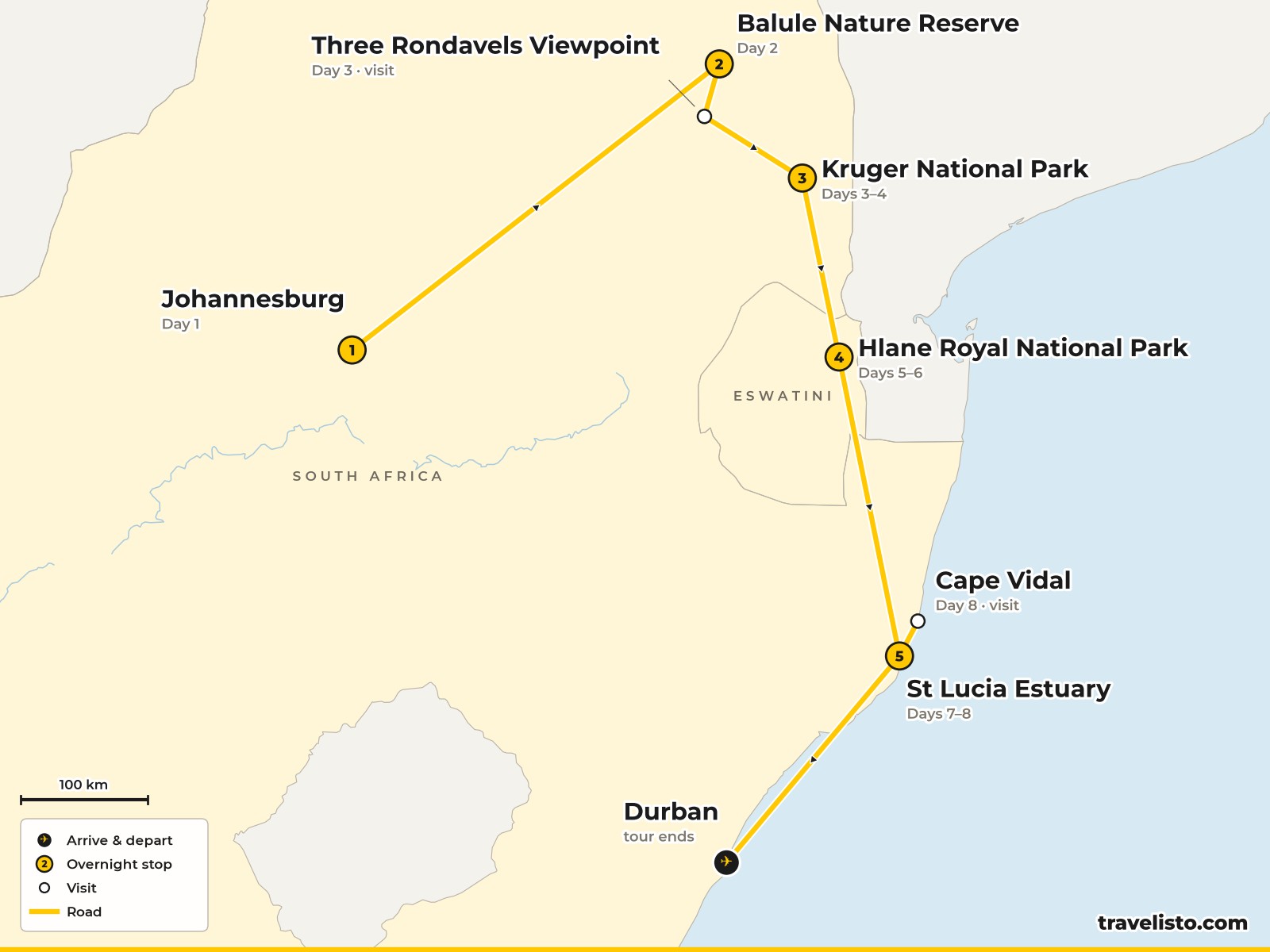 Map of the 9-day route from Johannesburg to Kruger, Eswatini, St Lucia and Durban