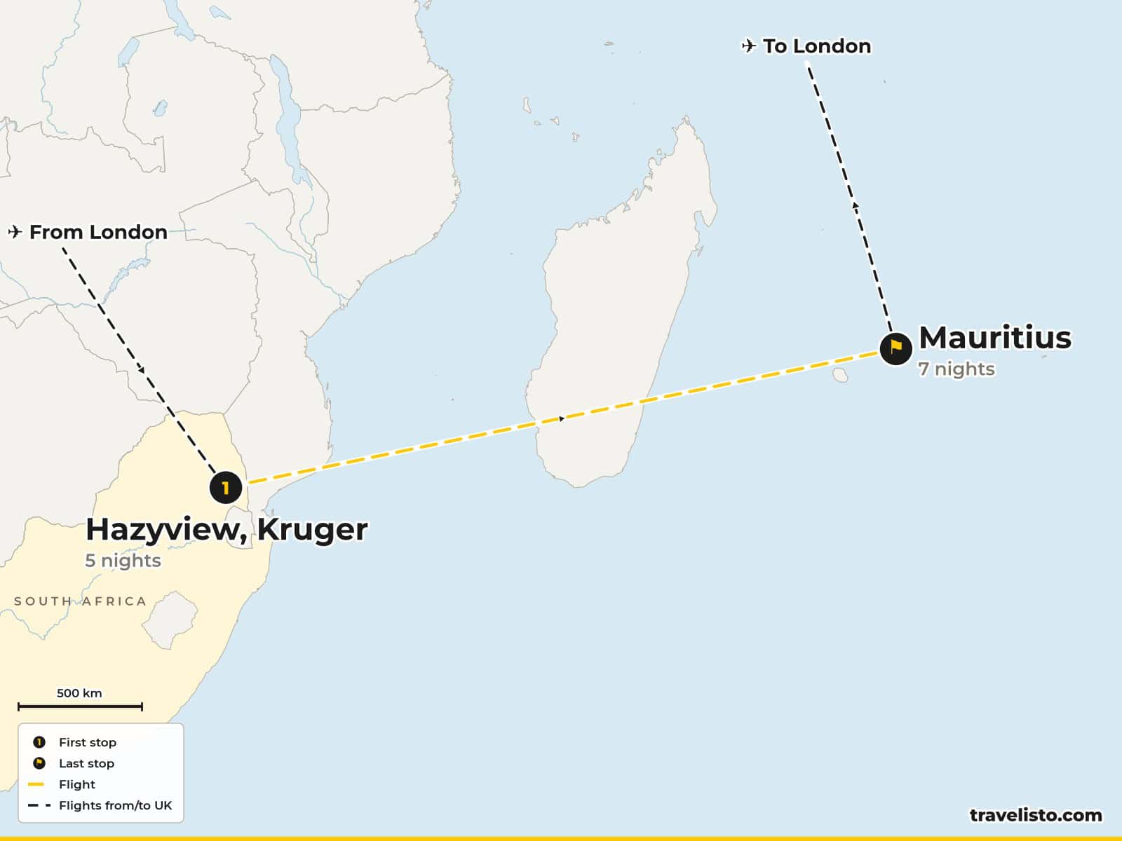 Route map: Kruger Safari & Mauritius