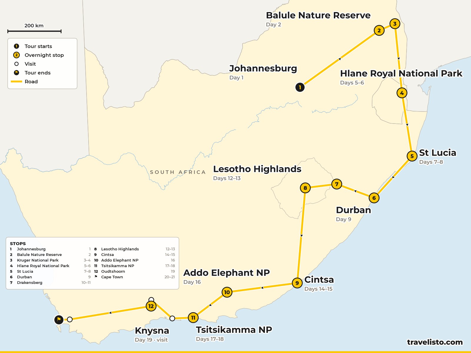 Map of the 22-day route from Johannesburg to Kruger, Eswatini, St Lucia, Durban, the Drakensberg, Lesotho, the Garden Route and Cape Town
