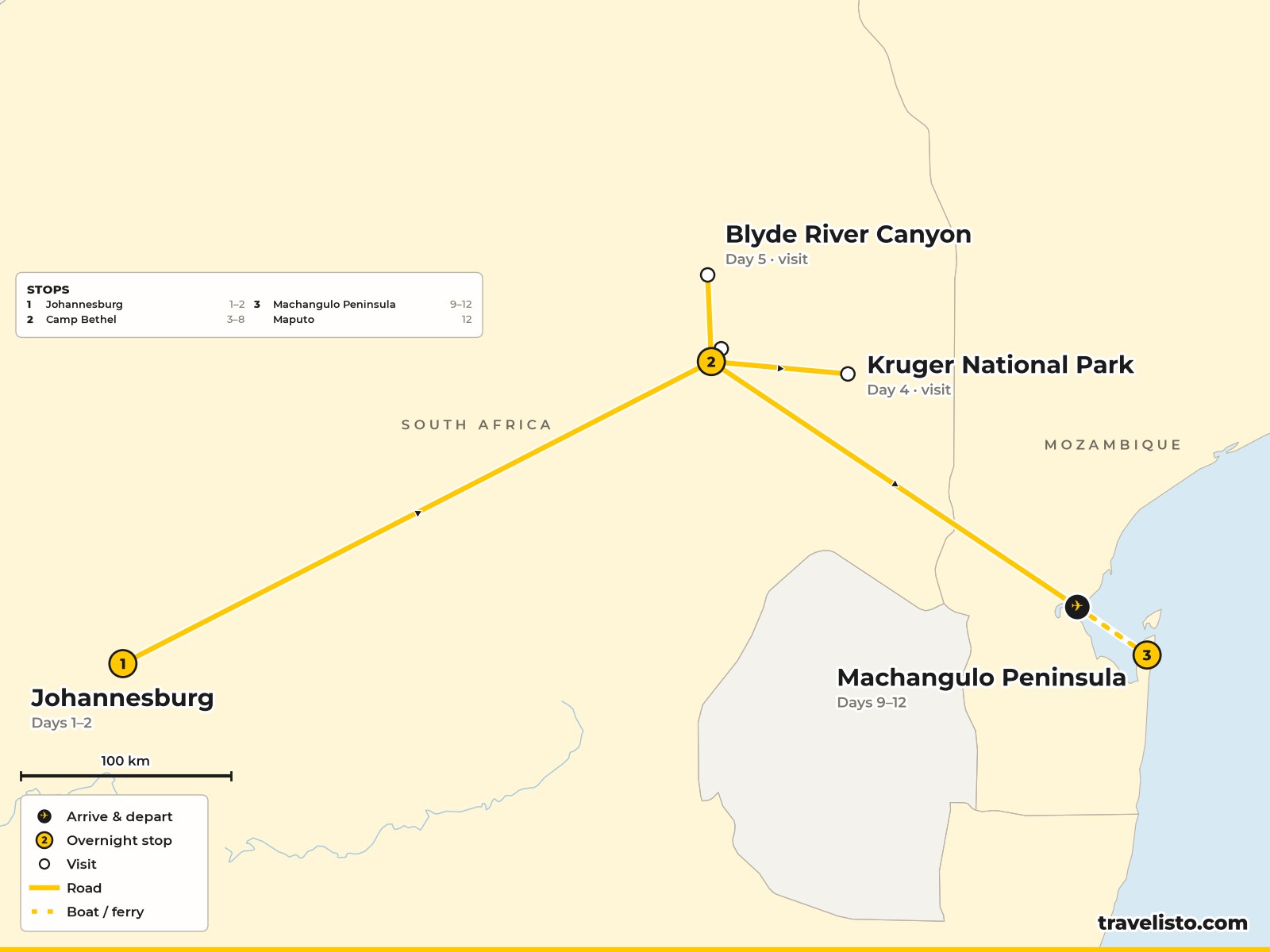 Map of the 13-day route from Johannesburg to Kruger and the Panorama Route, then Maputo and Machangulo