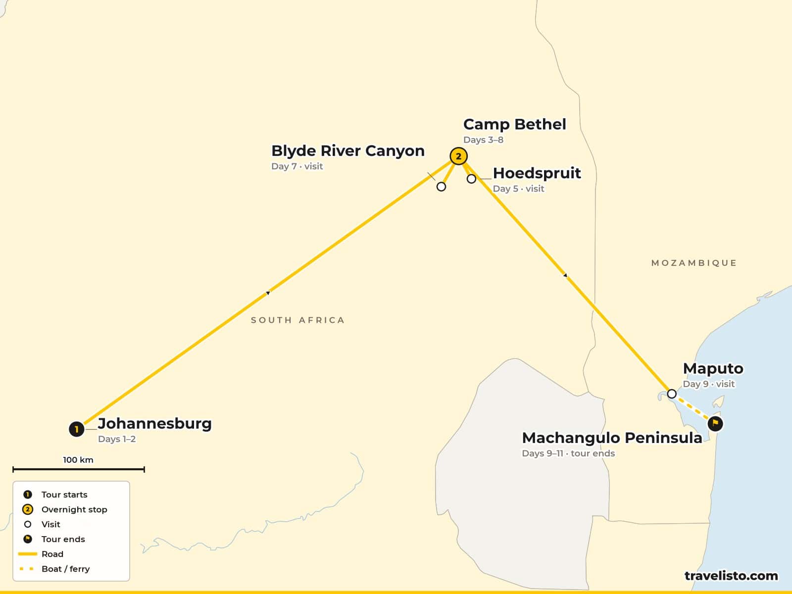 Map of the 13-day holiday from Johannesburg to Camp Bethel near Kruger and the Blyde River Canyon, then to Maputo and the Machangulo Peninsula in Mozambique