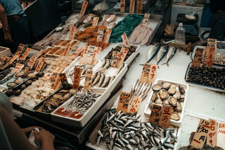 Fresh seafood on sale at a market in Kyoto