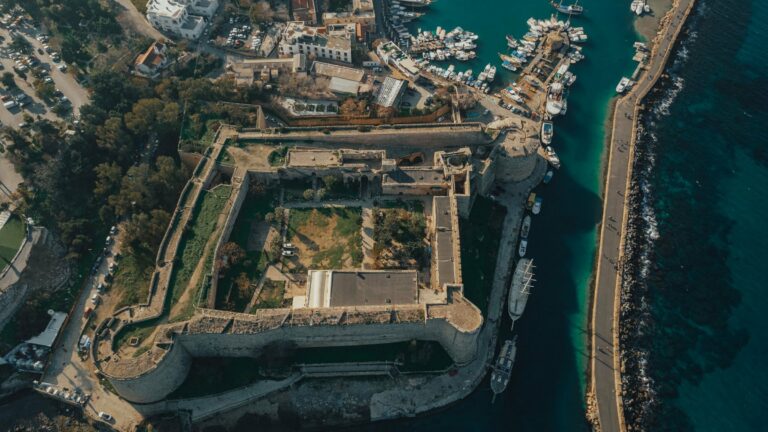 Kyrenia Castle beside the harbour from the air