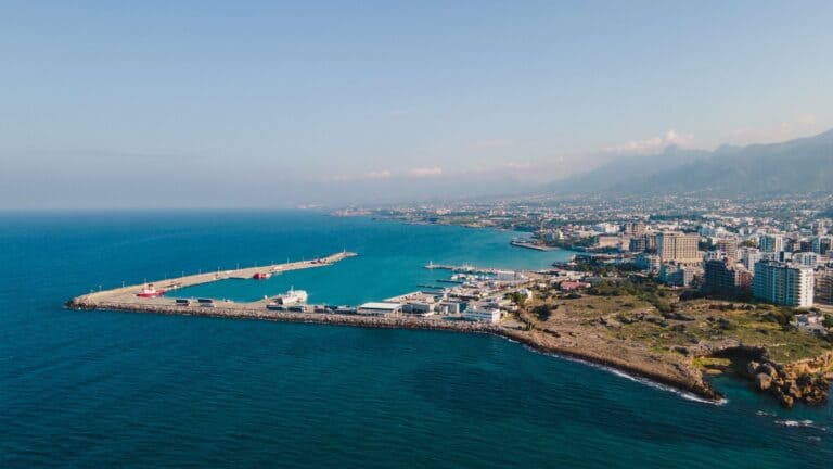 Aerial view of the Kyrenia coastline and harbour, North Cyprus