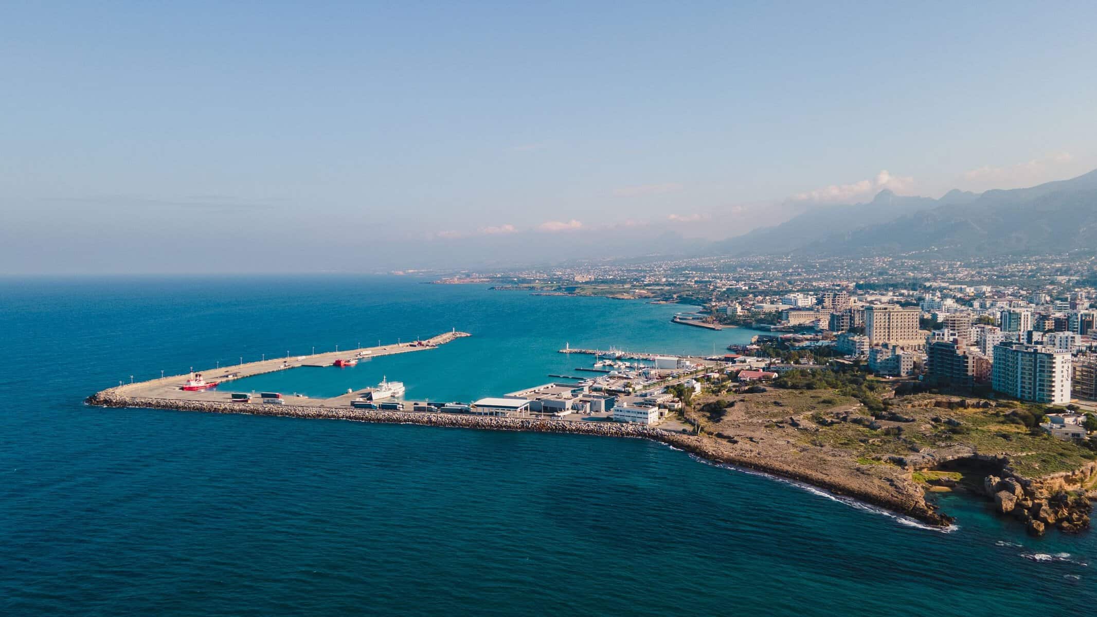 Aerial view of the Kyrenia coastline and harbour, North Cyprus