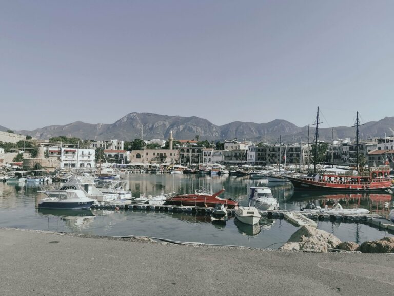 Boats in Kyrenia harbour with the Kyrenia mountains behind, North Cyprus