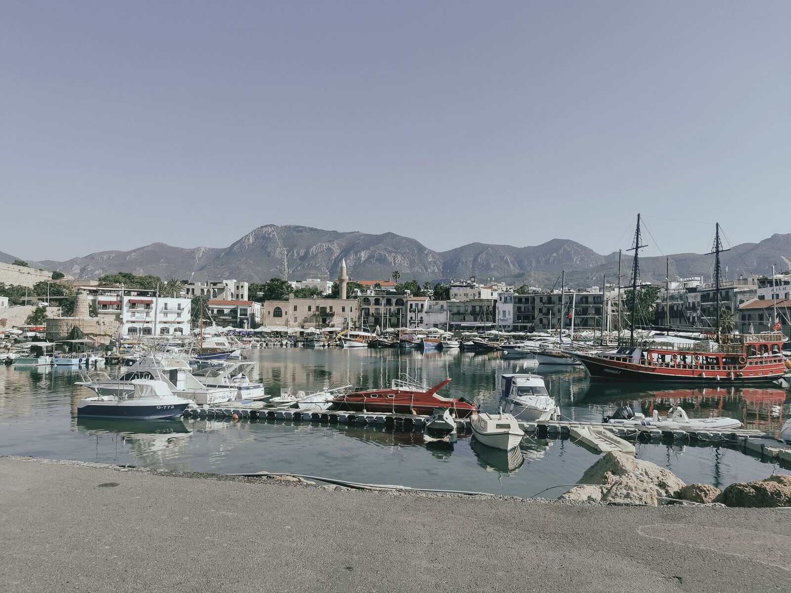 Boats in Kyrenia harbour with the Kyrenia mountains behind, North Cyprus