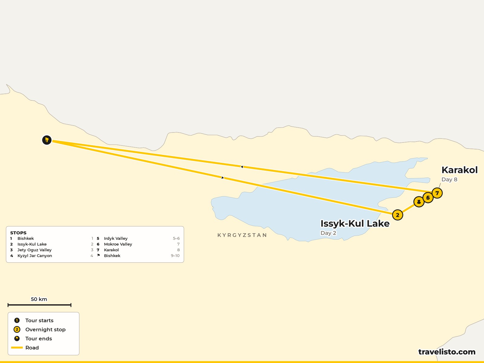 Map of the 10-day trek from Bishkek to Issyk-Kul and through the Tien Shan to Karakol
