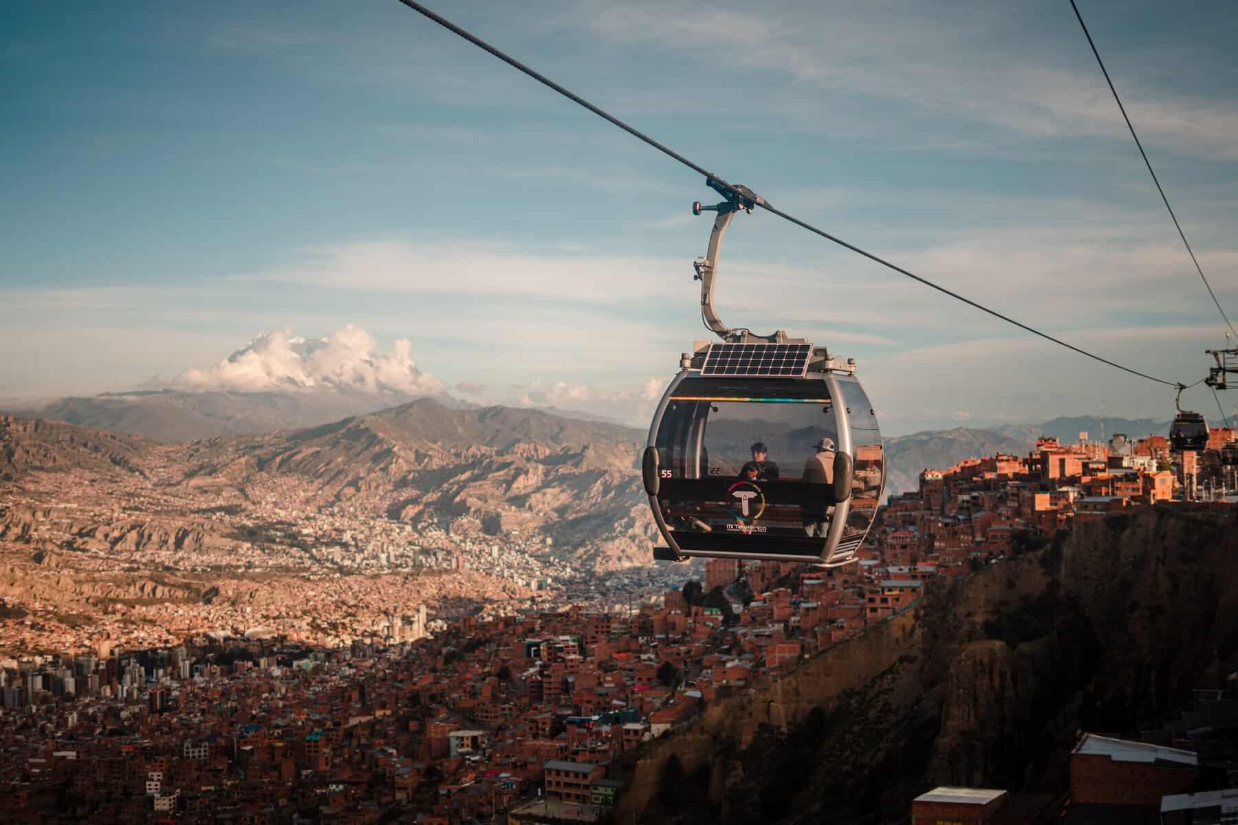 A cable car above La Paz at sunset, Bolivia