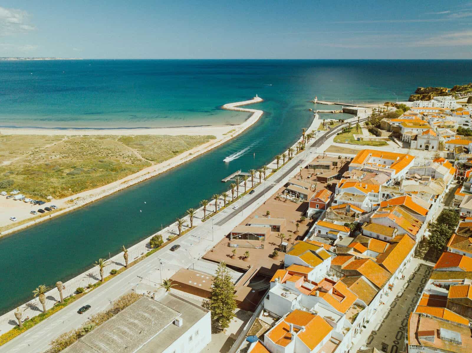 Aerial view of Lagos and its river mouth on the Algarve coast, Portugal