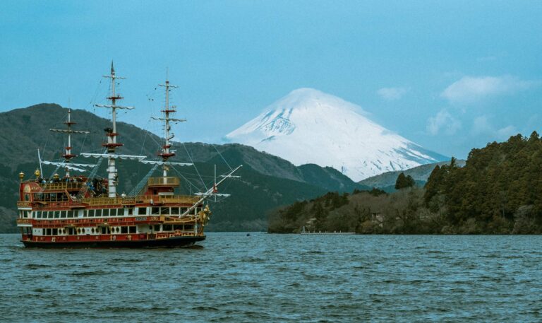 A pirate ship on Lake Ashi with Mount Fuji