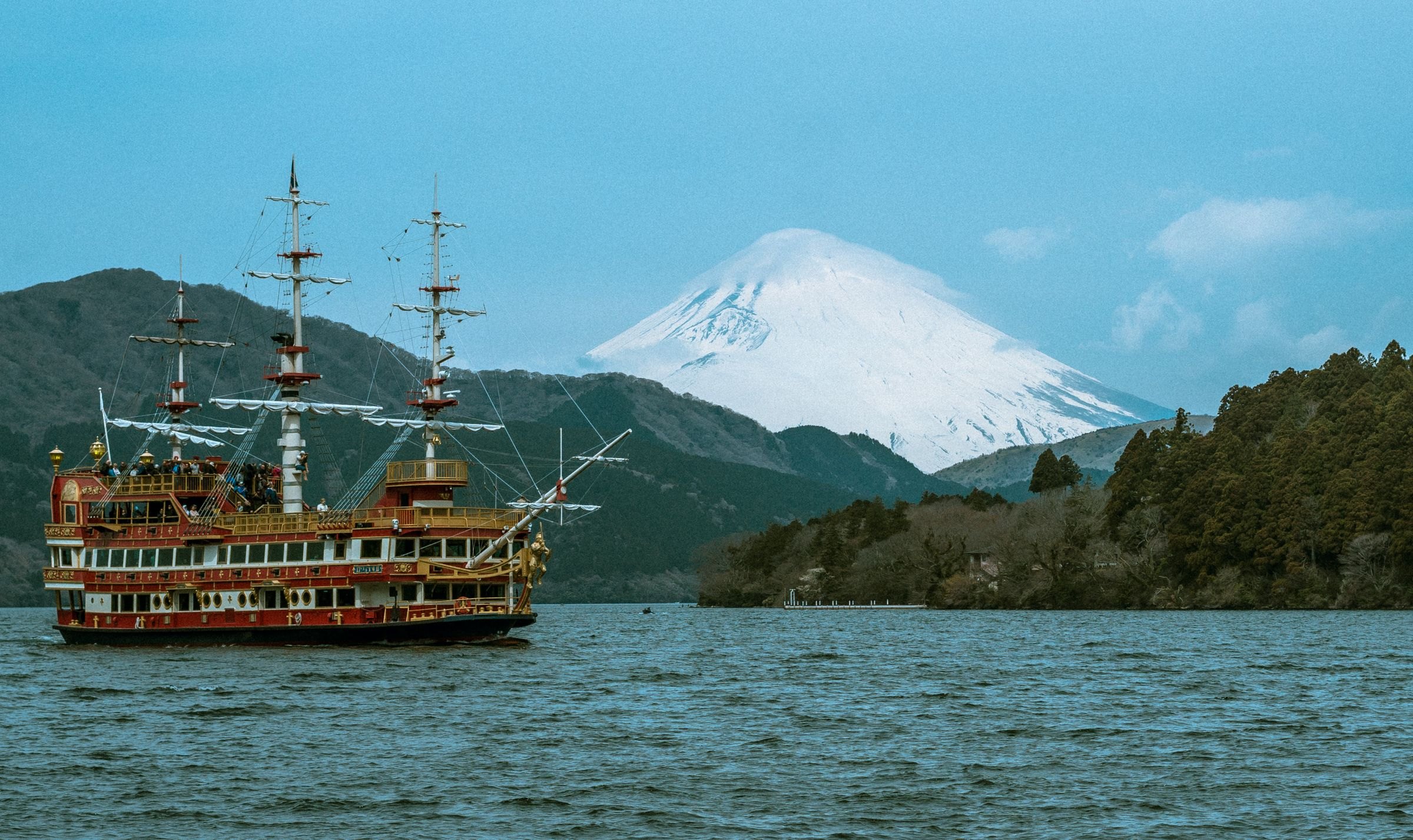 A pirate ship on Lake Ashi with Mount Fuji