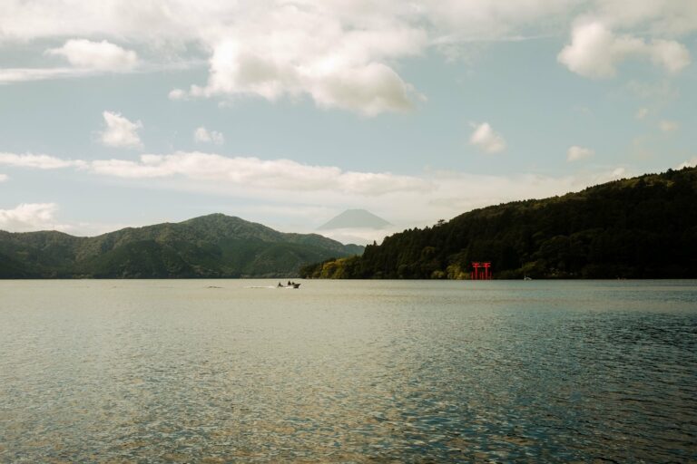 Lake Ashi in Hakone with Mount Fuji and a red torii gate