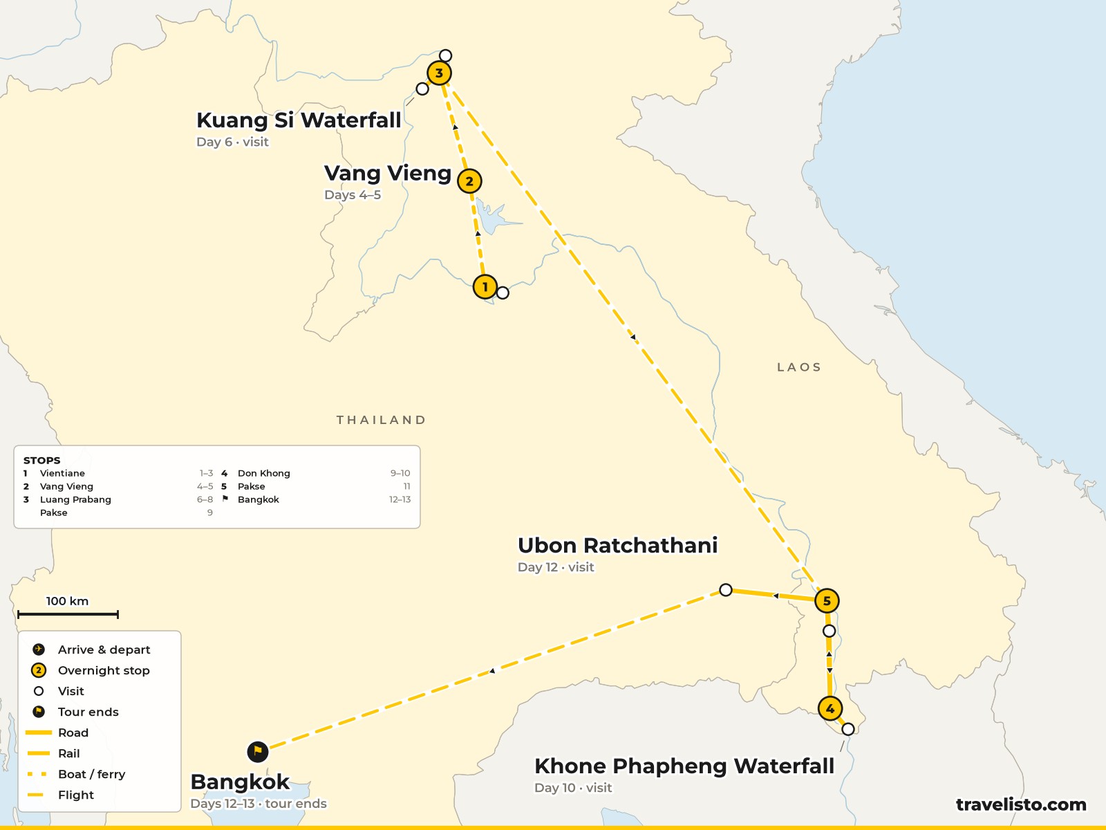 Map of the 13-day route from Vientiane to Luang Prabang, the 4,000 Islands, Pakse and Bangkok