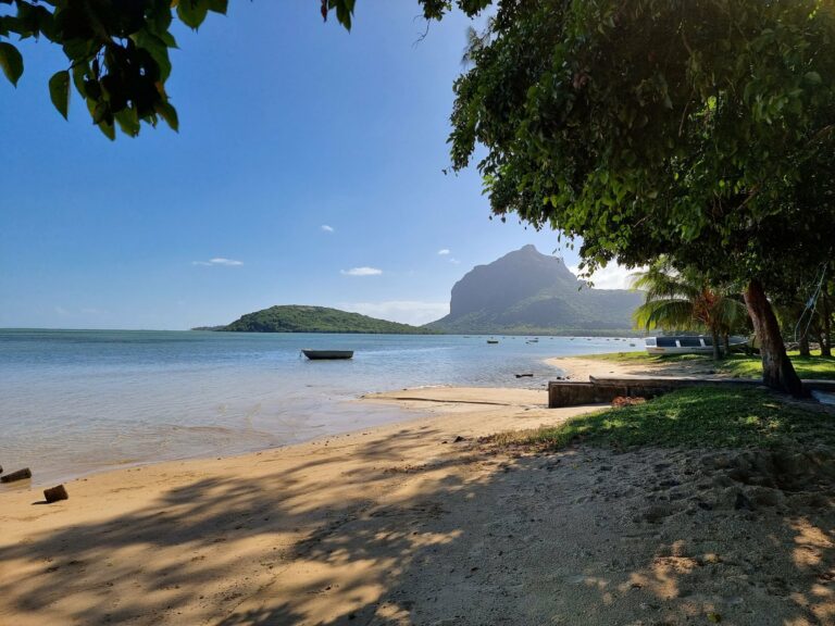 A beach with Le Morne Brabant in the background
