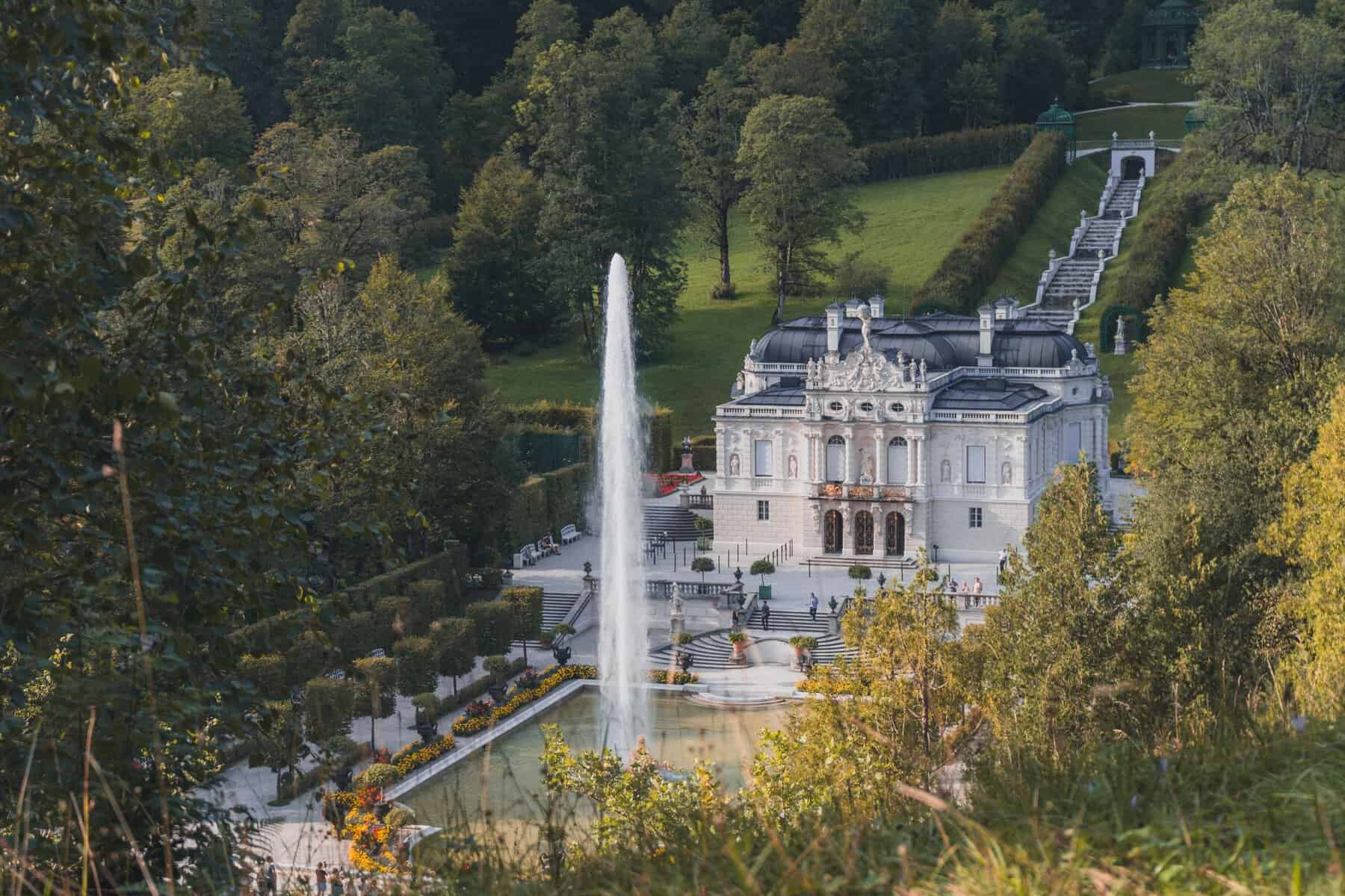 Linderhof Palace and its fountain in Bavaria