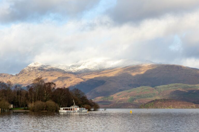 Loch Lomond below snow-capped mountains