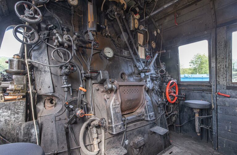 The controls inside a steam locomotive cab