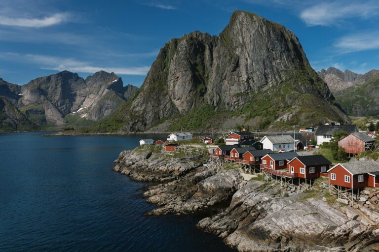 Red fishermen's cabins on the rocky Lofoten coast