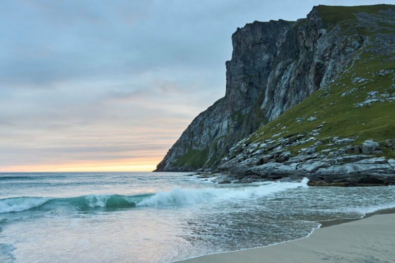 A sea cliff and surf on the Lofoten coast