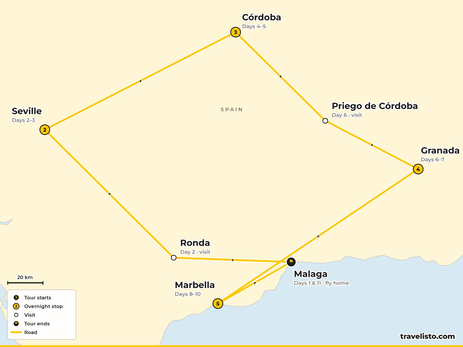 Map of the 11-day route from Málaga to Ronda, Seville, Córdoba, Granada and Marbella