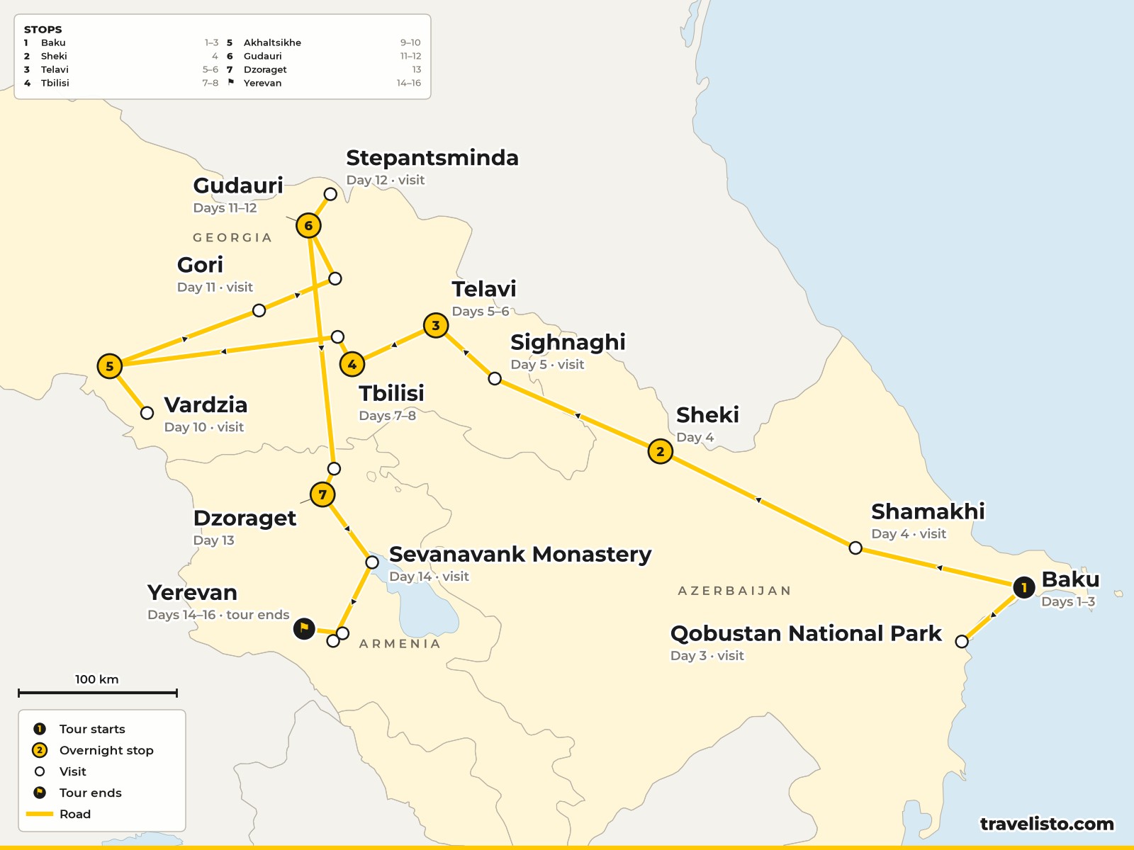 Map of the 16-day route from Baku through Georgia to Yerevan