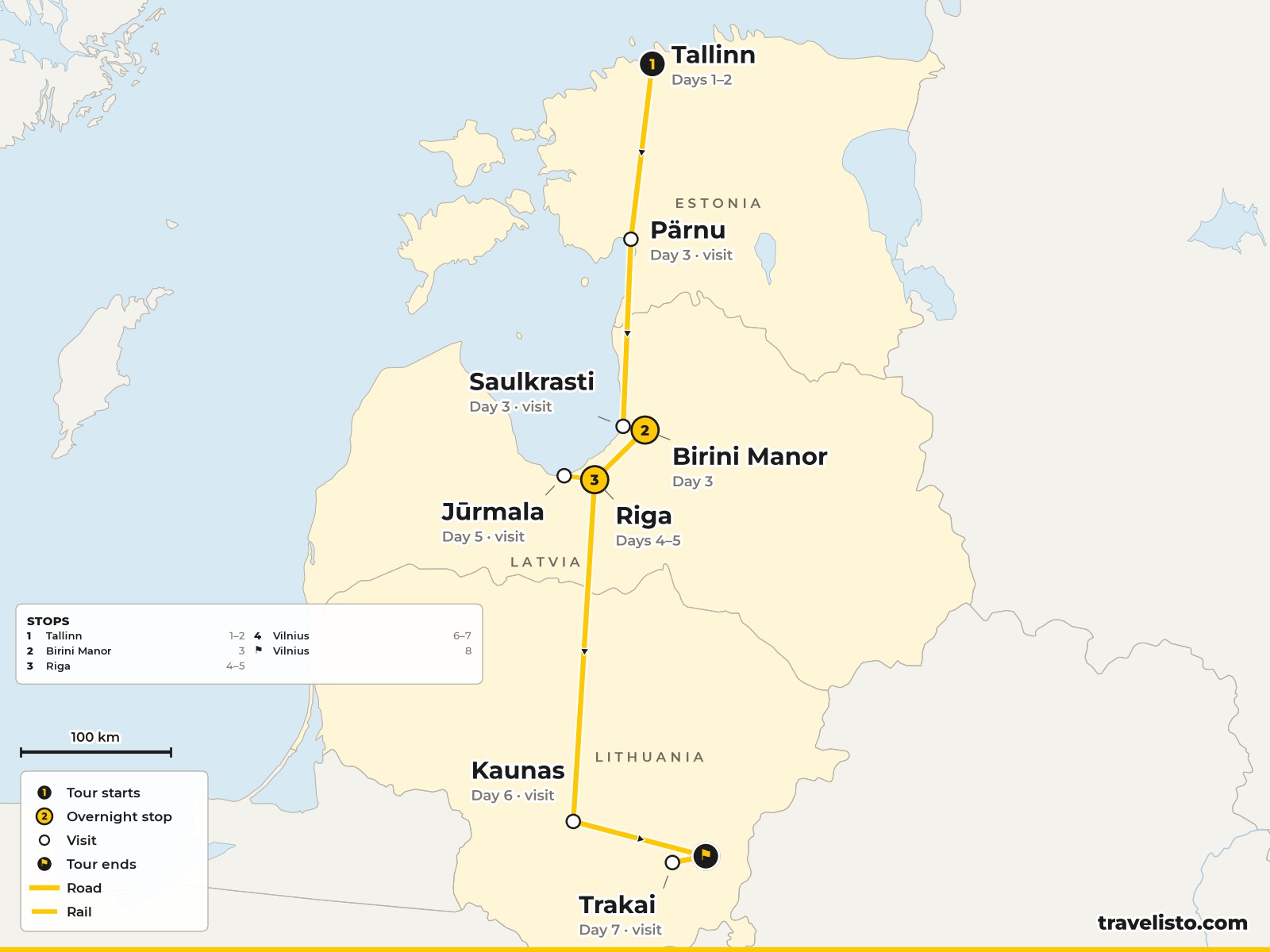 Map of the 8-day route from Tallinn to Riga, Jurmala, Kaunas and Vilnius