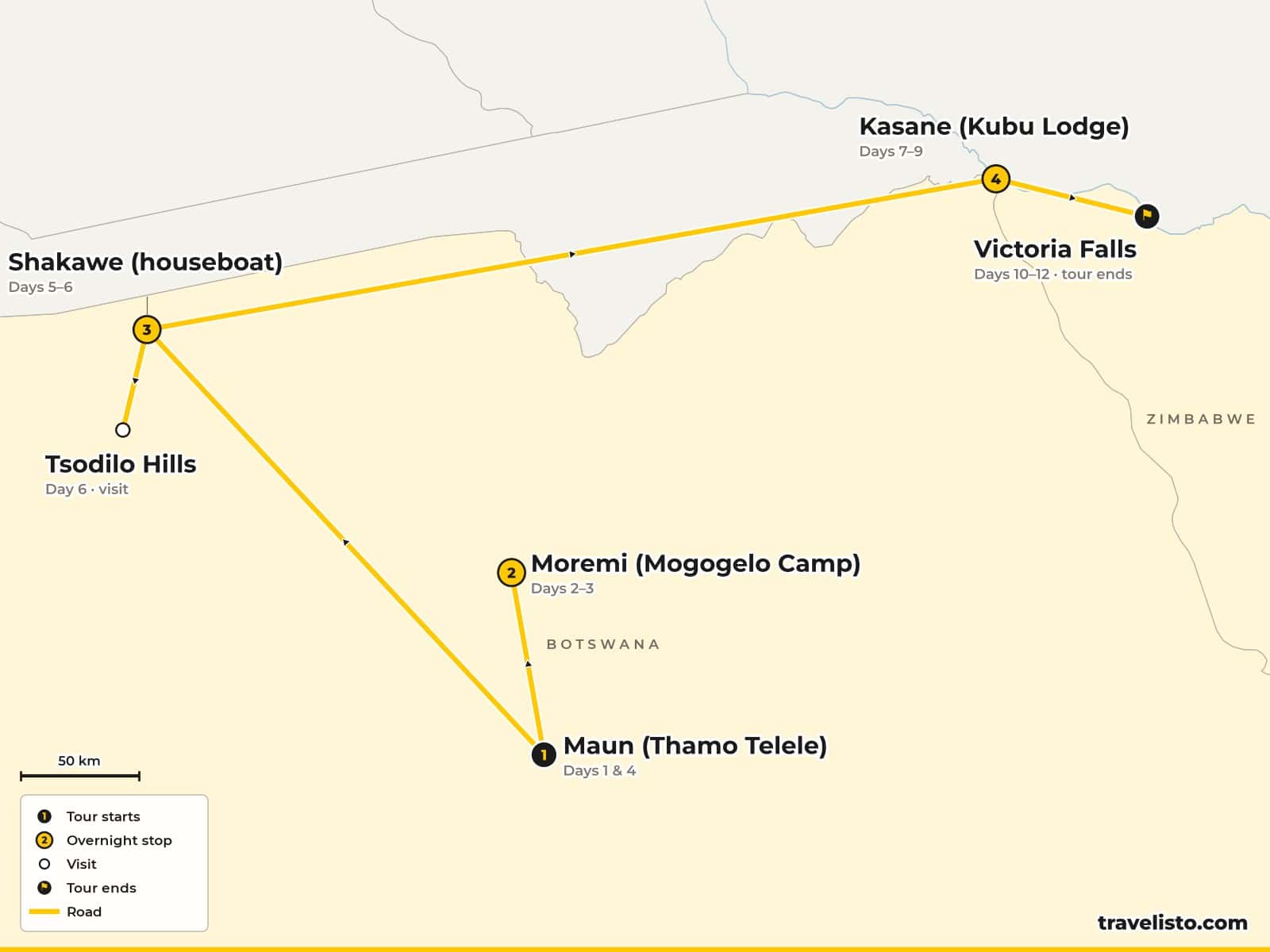 Map of the 12-day safari from Maun to Moremi, the Okavango Panhandle and Tsodilo Hills, then through the Caprivi Strip to Chobe and Victoria Falls