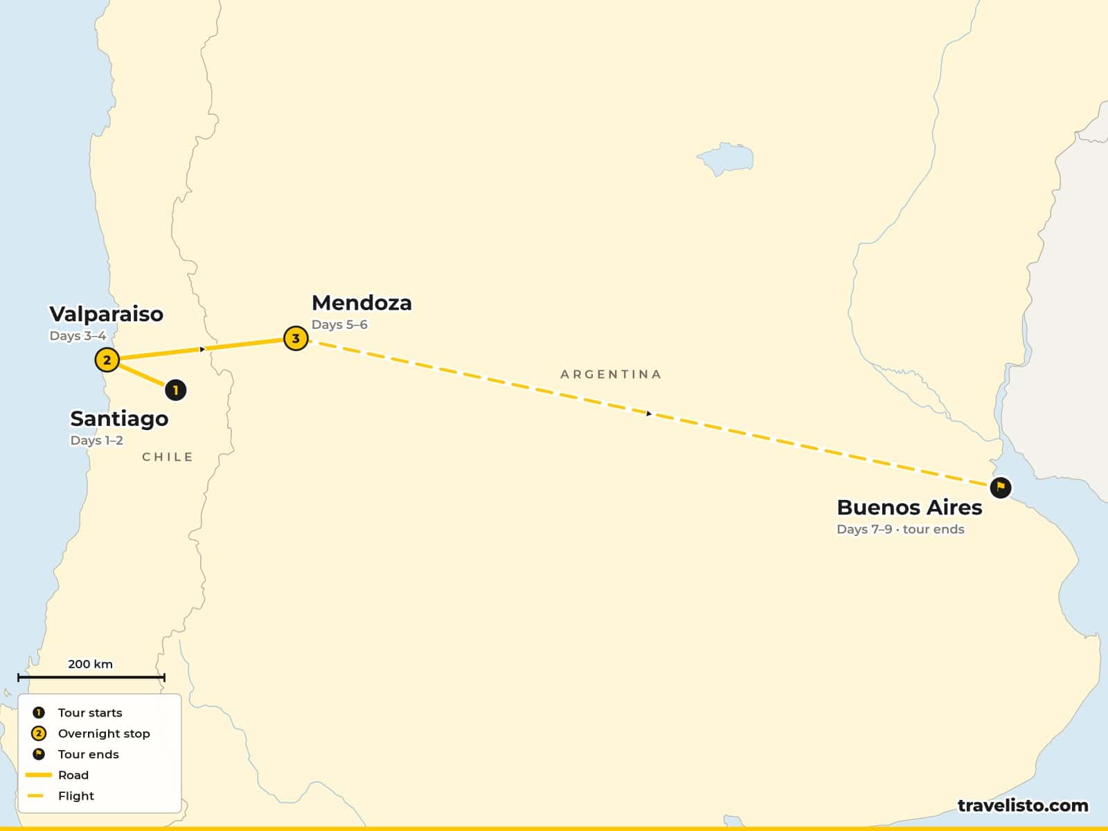 Map of the 9-day tour from Santiago to Valparaíso, then by air to Mendoza and Buenos Aires