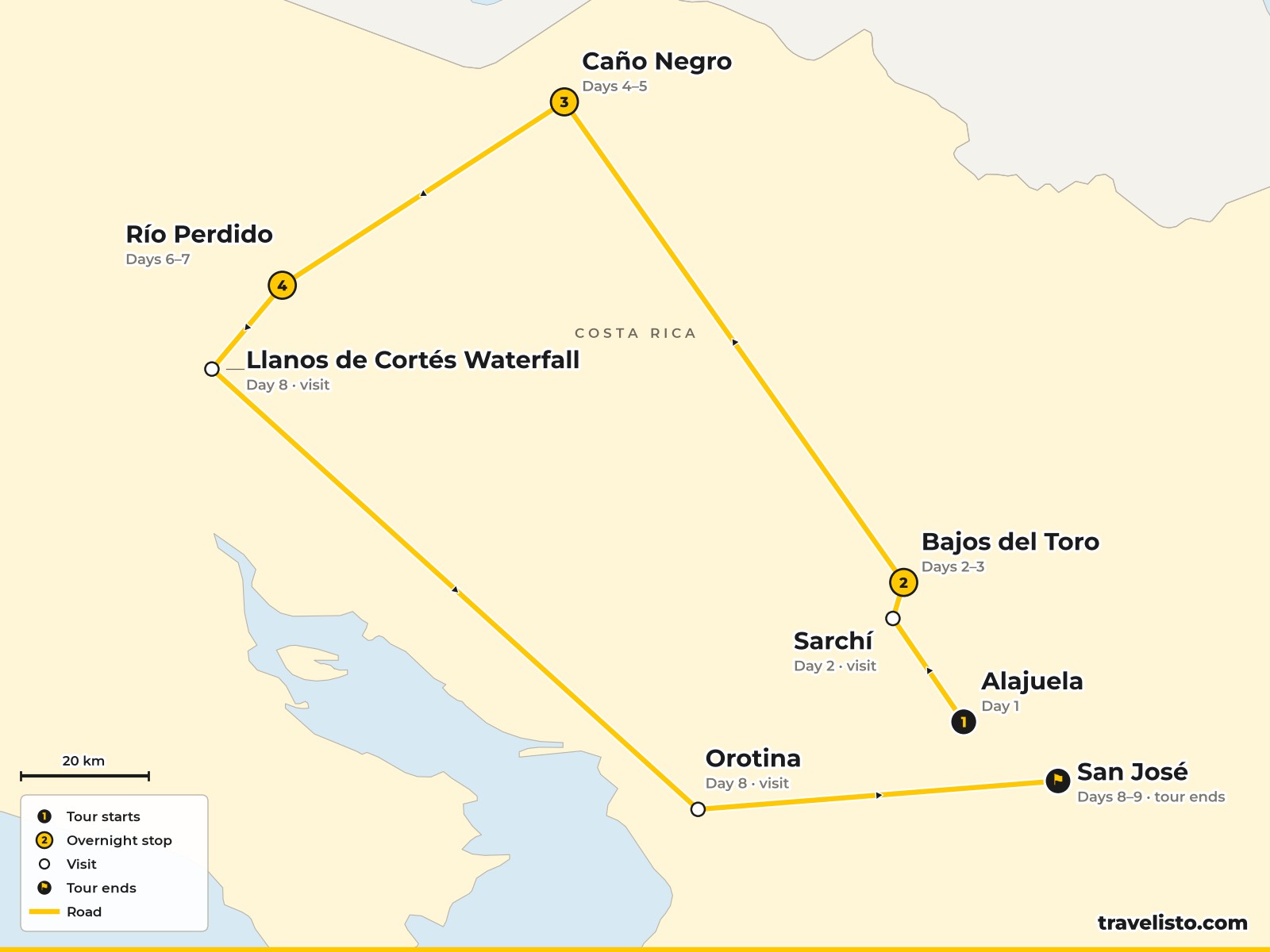 Map of the 9-day route from Alajuela to Bajos del Toro, Cano Negro, Rio Perdido and San Jose